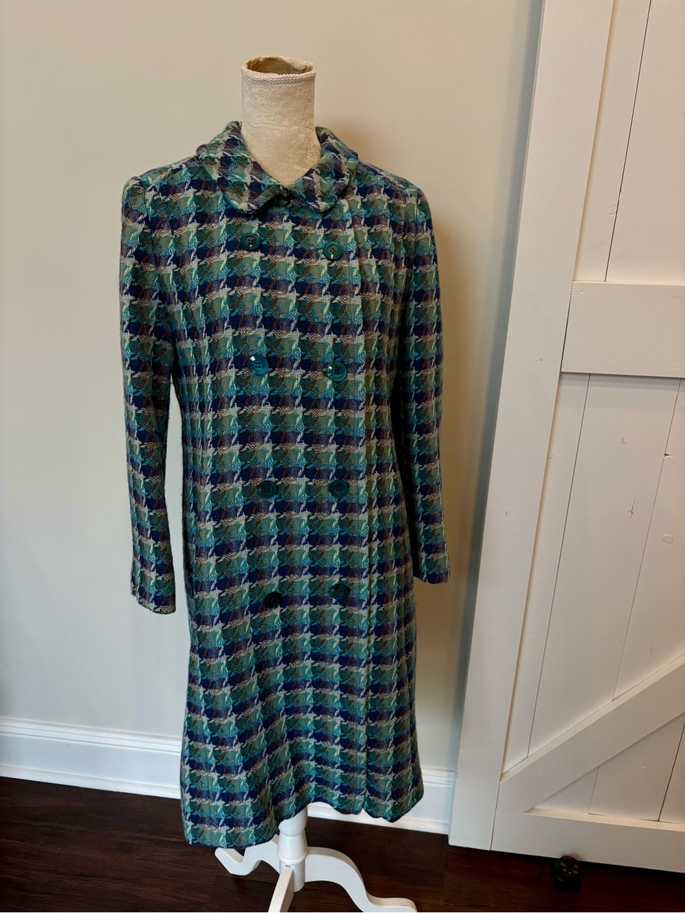 Vintage 60s double breasted coat woven blue tweed approx size 8